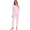 imageWiWi Womens Pajama Set Soft Long Sleeve Pajamas Viscose from Bamboo Top and Bottom Vneck Sleepwear Nightwear SXXLPink