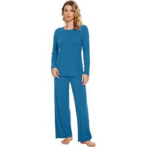 imageWiWi Bamboo Viscose Pajama Set for Women Soft Long Sleeve Top with Pants Sleepwear 2 Piece Pjs Sets Sleepwear SXXLTeal Blue