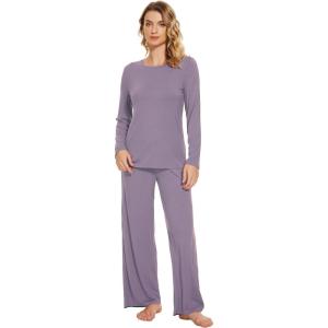 imageWiWi Bamboo Viscose Pajama Set for Women Soft Long Sleeve Top with Pants Sleepwear 2 Piece Pjs Sets Sleepwear SXXLViolet