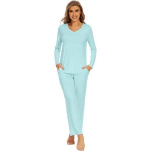 imageWiWi Pajamas for Women Long Sleeve Sleepwear with Pants Set Soft Casual Pj Warm Lounge Sets SXXLAaqua