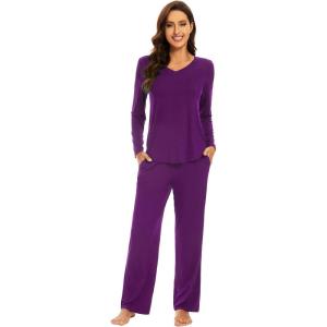 imageWiWi Pajamas for Women Long Sleeve Sleepwear with Pants Set Soft Casual Pj Warm Lounge Sets SXXLApurplish Red