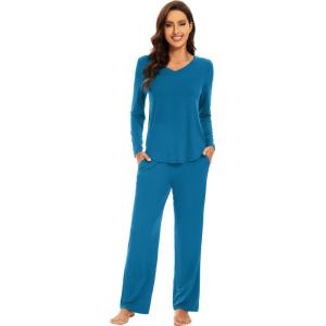 imageWiWi Pajamas for Women Long Sleeve Sleepwear with Pants Set Soft Casual Pj Warm Lounge Sets SXXLAteal Blue
