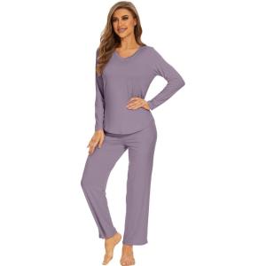 imageWiWi Pajamas for Women Long Sleeve Sleepwear with Pants Set Soft Casual Pj Warm Lounge Sets SXXLAviolet