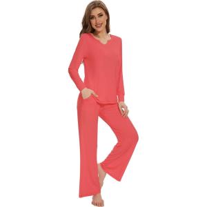 imageWiWi Pajamas for Women Long Sleeve Sleepwear with Pants Set Soft Casual Pj Warm Lounge Sets SXXLBcoral