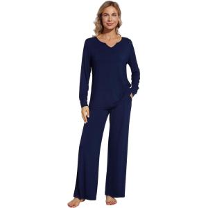 imageWiWi Pajamas for Women Long Sleeve Sleepwear with Pants Set Soft Casual Pj Warm Lounge Sets SXXLBnavy
