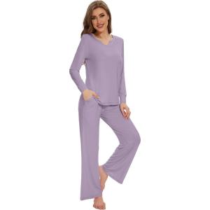 imageWiWi Pajamas for Women Long Sleeve Sleepwear with Pants Set Soft Casual Pj Warm Lounge Sets SXXLBviolet