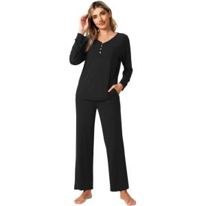 imageWiWi Viscose from Bamboo Pajama Set for Women 2 Pieces Long Sleeve Loungwear Soft Sleepwear Loose Comfy Pj Sets Pockets SXXLAblack