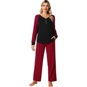 imageWiWi Viscose from Bamboo Pajama Set for Women 2 Pieces Long Sleeve Loungwear Soft Sleepwear Loose Comfy Pj Sets Pockets SXXLAblackWine Red