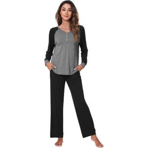 imageWiWi Viscose from Bamboo Pajama Set for Women 2 Pieces Long Sleeve Loungwear Soft Sleepwear Loose Comfy Pj Sets Pockets SXXLAdark Heather GreyBlack