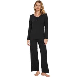 imageWiWi Viscose from Bamboo Pajama Set for Women 2 Pieces Long Sleeve Loungwear Soft Sleepwear Loose Comfy Pj Sets Pockets SXXLBblack