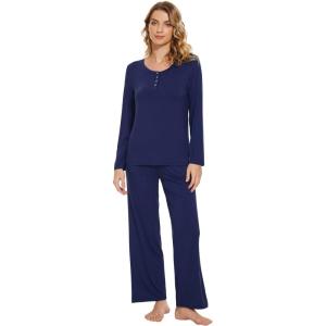 imageWiWi Viscose from Bamboo Pajama Set for Women 2 Pieces Long Sleeve Loungwear Soft Sleepwear Loose Comfy Pj Sets Pockets SXXLBnavy
