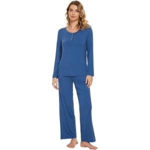 imageWiWi Viscose from Bamboo Pajama Set for Women 2 Pieces Long Sleeve Loungwear Soft Sleepwear Loose Comfy Pj Sets Pockets SXXLBprussian Blue
