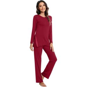 imageWiWi Viscose from Bamboo Pajamas Set for Women Soft Long Sleeve Pj Sleepwear Knit Jammies Pants Lounge Sets Loungewear SXXLAwine Red
