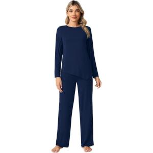 imageWiWi Viscose from Bamboo Pajamas Set for Women Soft Long Sleeve Pj Sleepwear Knit Jammies Pants Lounge Sets Loungewear SXXLBnavy