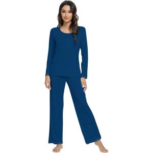 imageWiWi Viscose from Bamboo Pajamas Sets for Women Soft Long Sleeve Sleepwear and Pants Pjs Lounge Set Loungewear SXXLInk Blue