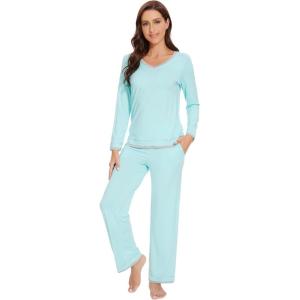 imageWiWi Viscose from Bamboo Pajamas Sets for Women Soft Tops with Pants Sleepwear Vneck Pj Set with Pockets SXXLAqua