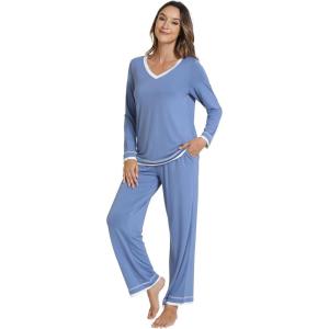 imageWiWi Viscose from Bamboo Pajamas Sets for Women Soft Tops with Pants Sleepwear Vneck Pj Set with Pockets SXXLFog Blue