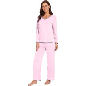 imageWiWi Viscose from Bamboo Pajamas Sets for Women Soft Tops with Pants Sleepwear Vneck Pj Set with Pockets SXXLPink
