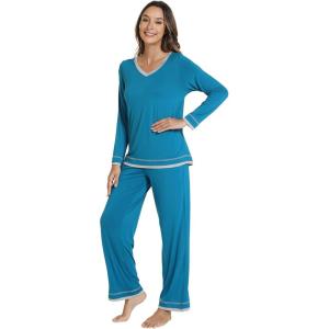 imageWiWi Viscose from Bamboo Pajamas Sets for Women Soft Tops with Pants Sleepwear Vneck Pj Set with Pockets SXXLTeal Blue