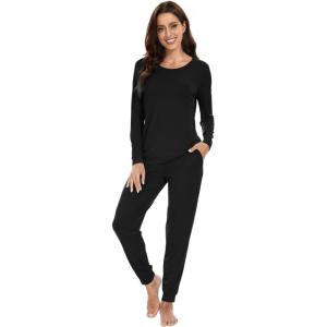 imageWiWi Viscose from Bamboo Womens Long Sleeve Pajama Sets Sleepwear with Jogger Pajamas Pants Soft Lounge Set Loungewear SXXLBlack