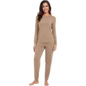 imageWiWi Viscose from Bamboo Womens Long Sleeve Pajama Sets Sleepwear with Jogger Pajamas Pants Soft Lounge Set Loungewear SXXLKhaki