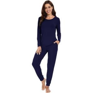 imageWiWi Viscose from Bamboo Womens Long Sleeve Pajama Sets Sleepwear with Jogger Pajamas Pants Soft Lounge Set Loungewear SXXLNavy