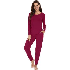 imageWiWi Viscose from Bamboo Womens Long Sleeve Pajama Sets Sleepwear with Jogger Pajamas Pants Soft Lounge Set Loungewear SXXLWine