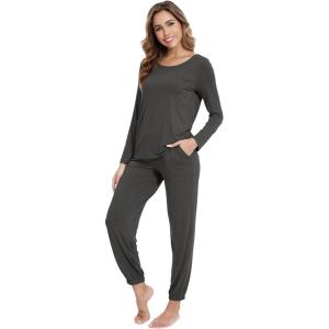 imageWiWi Viscose from Bamboo Womens Pajamas Set Soft Long Sleeve Top with Bottoms Crew Neck and Pockets SXXLCharcoal Heather