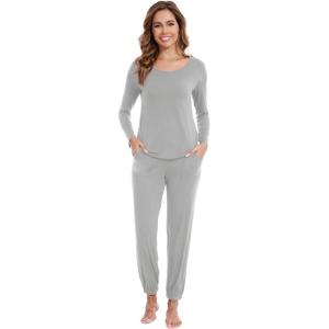 imageWiWi Viscose from Bamboo Womens Pajamas Set Soft Long Sleeve Top with Bottoms Crew Neck and Pockets SXXLLight Grey
