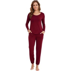imageWiWi Viscose from Bamboo Womens Pajamas Set Soft Long Sleeve Top with Bottoms Crew Neck and Pockets SXXLWine