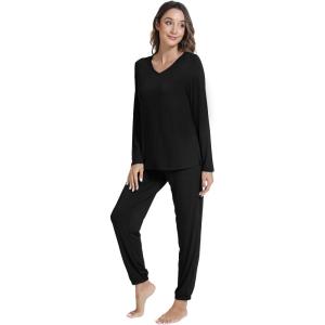 imageWiWi Womens Pajama Set Soft Long Sleeve Pajamas Viscose from Bamboo Top and Bottom Vneck Sleepwear Nightwear SXXLBlack