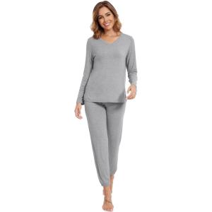 imageWiWi Womens Pajama Set Soft Long Sleeve Pajamas Viscose from Bamboo Top and Bottom Vneck Sleepwear Nightwear SXXLHeather Grey