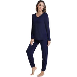imageWiWi Womens Pajama Set Soft Long Sleeve Pajamas Viscose from Bamboo Top and Bottom Vneck Sleepwear Nightwear SXXLNavy