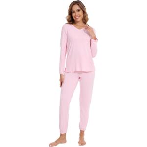 imageWiWi Womens Pajama Set Soft Long Sleeve Pajamas Viscose from Bamboo Top and Bottom Vneck Sleepwear Nightwear SXXLPink