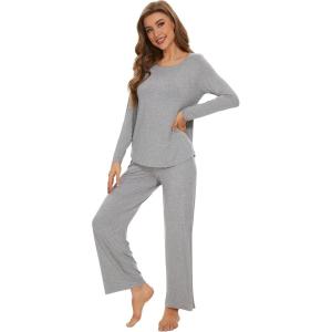 imageWiWi Womens Pajama Set Soft Long Sleeve Tee Pants Sleepwear 2 Piece Comfy Nightwear with Pockets Pjs SXXLAheather Grey