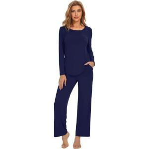 imageWiWi Womens Pajama Set Soft Long Sleeve Tee Pants Sleepwear 2 Piece Comfy Nightwear with Pockets Pjs SXXLAnavy