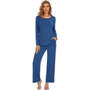 imageWiWi Womens Pajama Set Soft Long Sleeve Tee Pants Sleepwear 2 Piece Comfy Nightwear with Pockets Pjs SXXLAprussian Blue