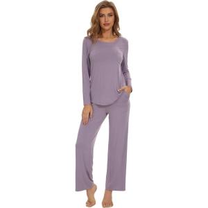 imageWiWi Womens Pajama Set Soft Long Sleeve Tee Pants Sleepwear 2 Piece Comfy Nightwear with Pockets Pjs SXXLAviolet