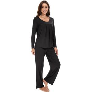 imageWiWi Womens Pajama Set Soft Long Sleeve Tee Pants Sleepwear 2 Piece Comfy Nightwear with Pockets Pjs SXXLBblack