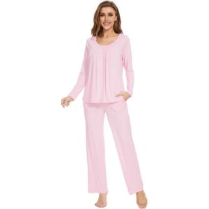 imageWiWi Womens Pajama Set Soft Long Sleeve Tee Pants Sleepwear 2 Piece Comfy Nightwear with Pockets Pjs SXXLBblush Pink