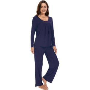 imageWiWi Womens Pajama Set Soft Long Sleeve Tee Pants Sleepwear 2 Piece Comfy Nightwear with Pockets Pjs SXXLBnavy