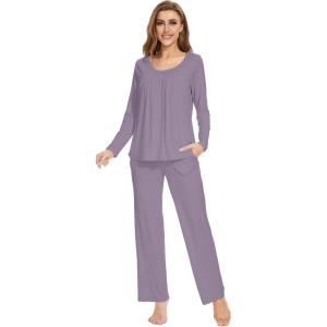 imageWiWi Womens Pajama Set Soft Long Sleeve Tee Pants Sleepwear 2 Piece Comfy Nightwear with Pockets Pjs SXXLBviolet