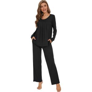 imageWiWi Womens Pajama Set Soft Long Sleeve Tee Pants Sleepwear 2 Piece Comfy Nightwear with Pockets Pjs SXXLCblack