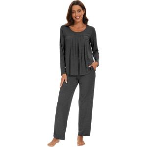 imageWiWi Womens Pajama Set Soft Long Sleeve Tee Pants Sleepwear 2 Piece Comfy Nightwear with Pockets Pjs SXXLCcharcoal Heather