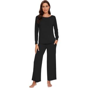 imageWiWi Womens Pajama Set Soft Long Sleeve Tee Pants Sleepwear 2 Piece Comfy Nightwear with Pockets Pjs SXXLDblack