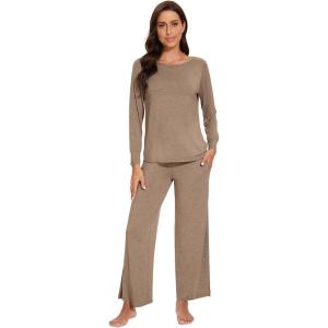 imageWiWi Womens Pajama Set Soft Long Sleeve Tee Pants Sleepwear 2 Piece Comfy Nightwear with Pockets Pjs SXXLDcamel