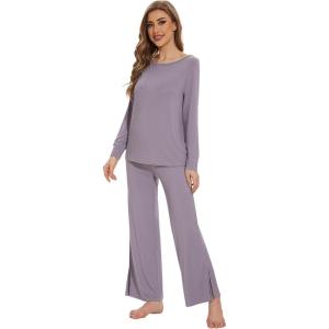 imageWiWi Womens Pajama Set Soft Long Sleeve Tee Pants Sleepwear 2 Piece Comfy Nightwear with Pockets Pjs SXXLDviolet