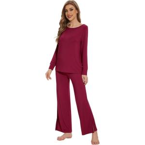 imageWiWi Womens Pajama Set Soft Long Sleeve Tee Pants Sleepwear 2 Piece Comfy Nightwear with Pockets Pjs SXXLDwine