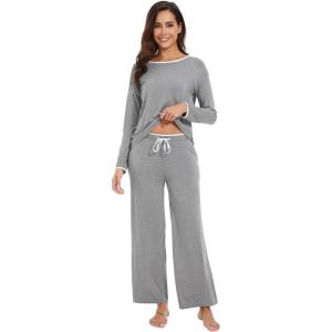 imageWiWi Womens Pajama Set with Pocket Long Sleeve Top with Long Pajama Pant Set Soft PJ Viscose from Bamboo Loungewear SXXLHeather Grey