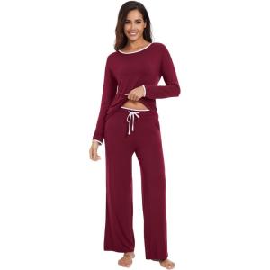 imageWiWi Womens Pajama Set with Pocket Long Sleeve Top with Long Pajama Pant Set Soft PJ Viscose from Bamboo Loungewear SXXLWine